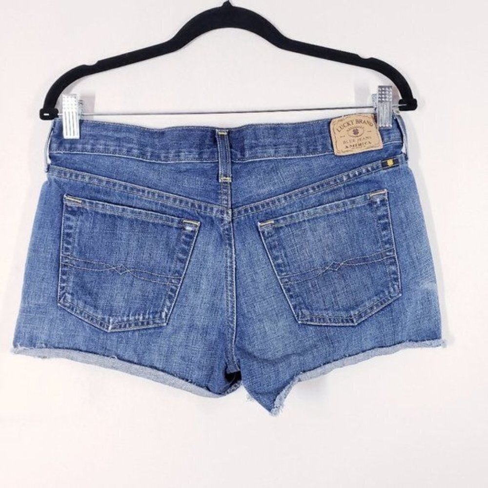 Lucky Brand Women's The Cut‎ Off Denim Jean Shorts Raw Hem Mid Rise Shorts sz 27 - Picture 5 of 13